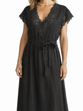 🆕 Molly Bracken Black Dress Midi Maxi Lace Trim Caps & Cutouts 100% Lyocell L